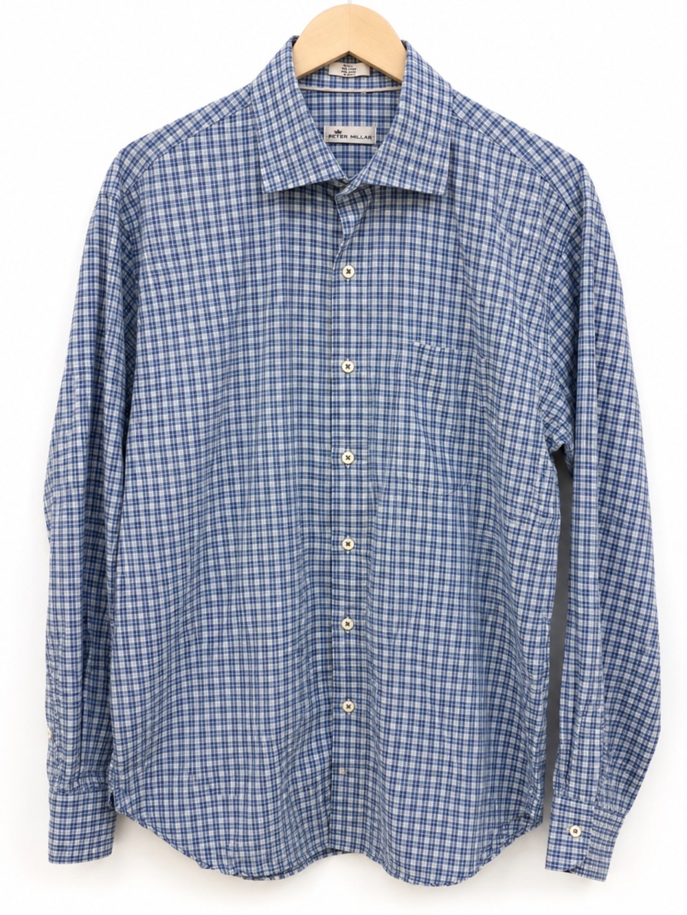 Peter Millar Mens Large Blue Plaid 100% Cotton Button Up Dress Shirt MF18W26CSL